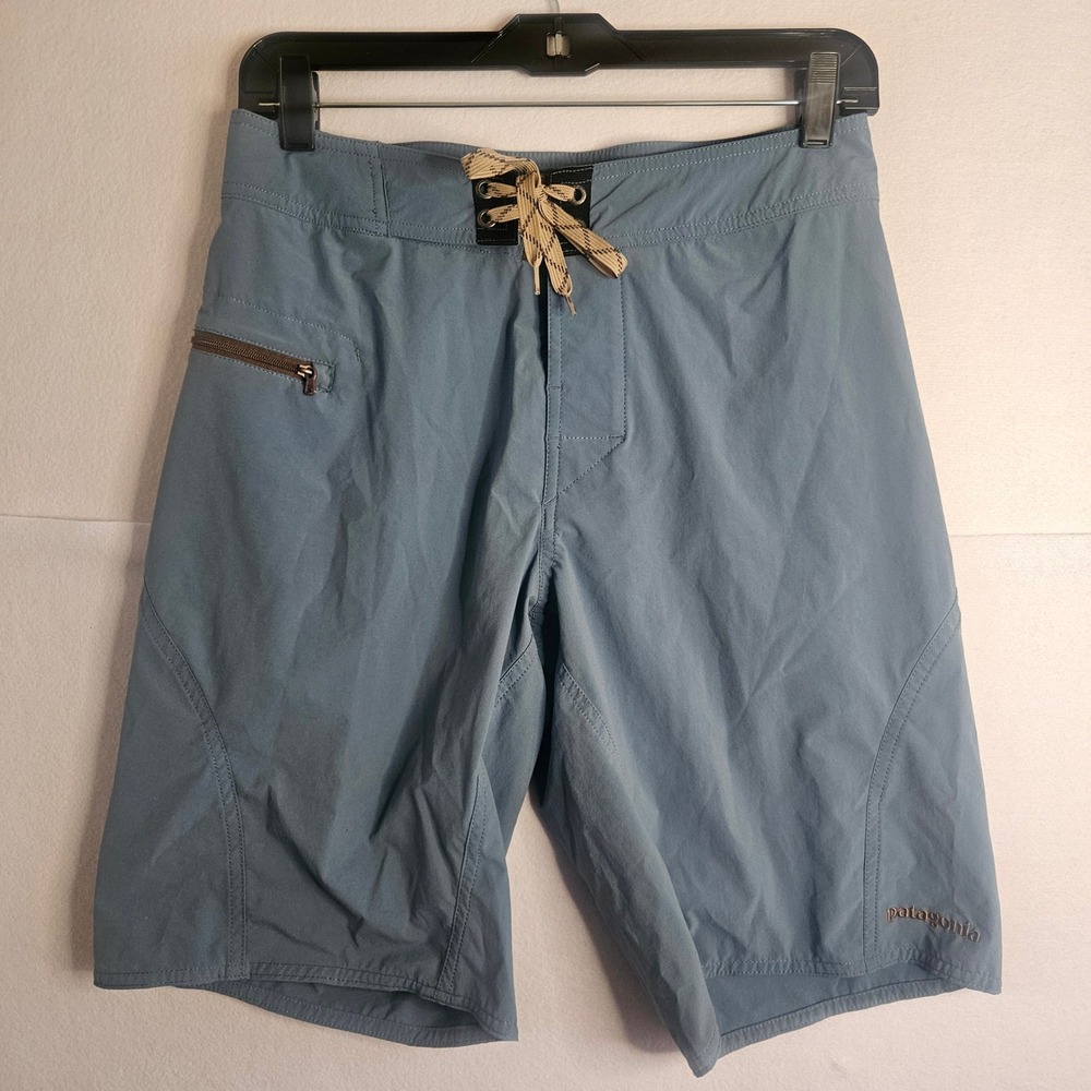 Patagonia Mens Board Shorts Blue Grey Lace Up Front Zipper Pocket Size 29